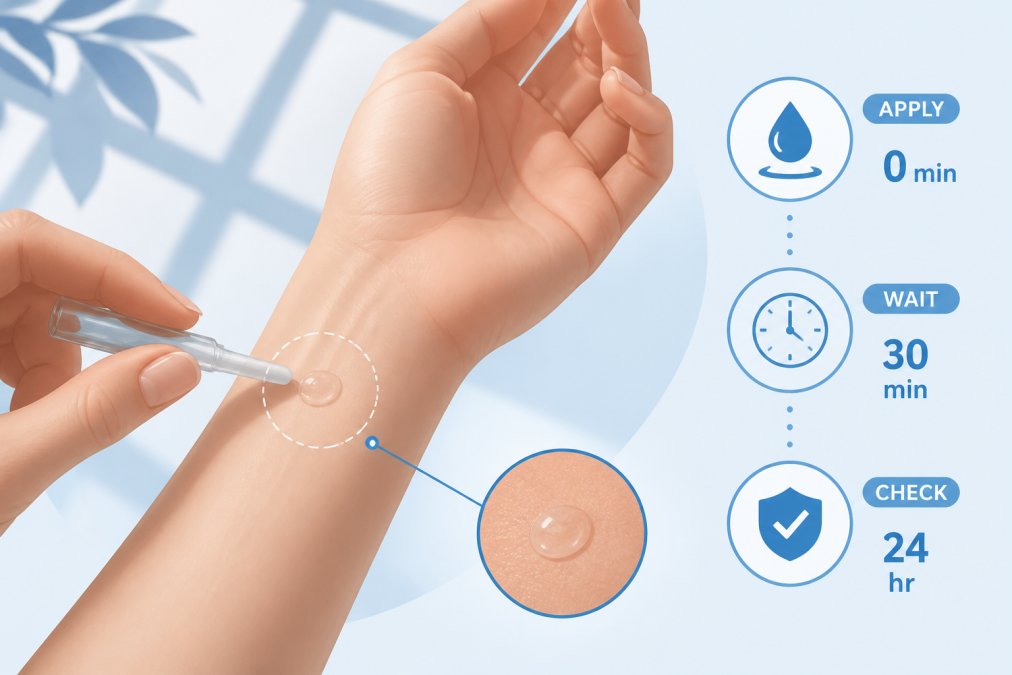 Close-up of a person performing a patch test on their inner wrist with a small amount of fragrance applied carefully, showing the testing area in natural daylight