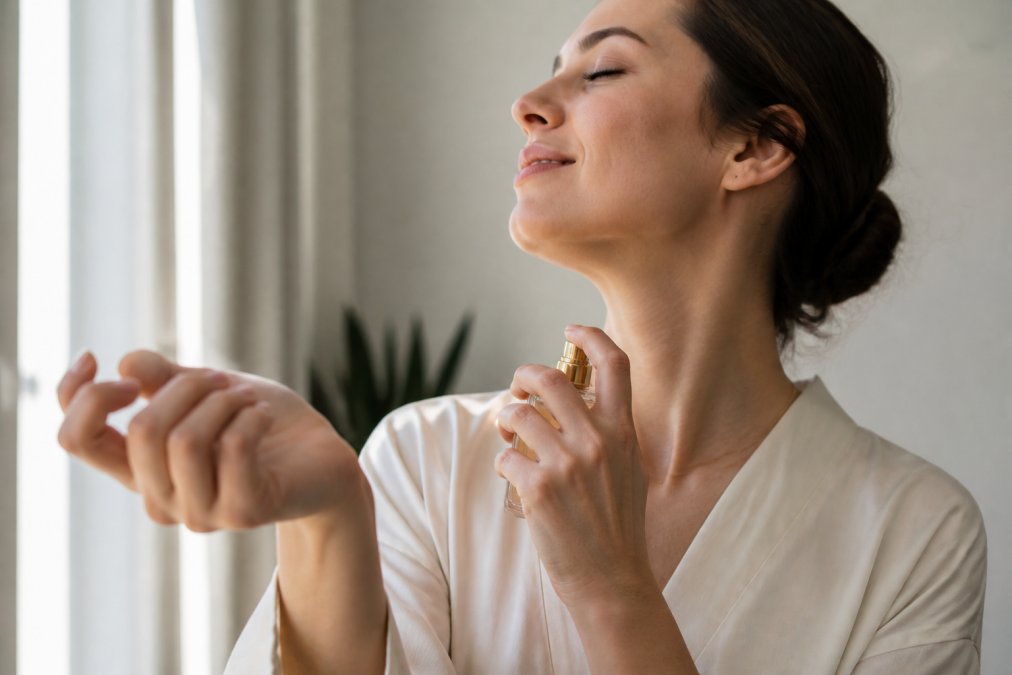 Person applying long lasting perfume for sensitive skin to pulse points on neck and wrists with careful technique in natural morning light, demonstrating proper application method