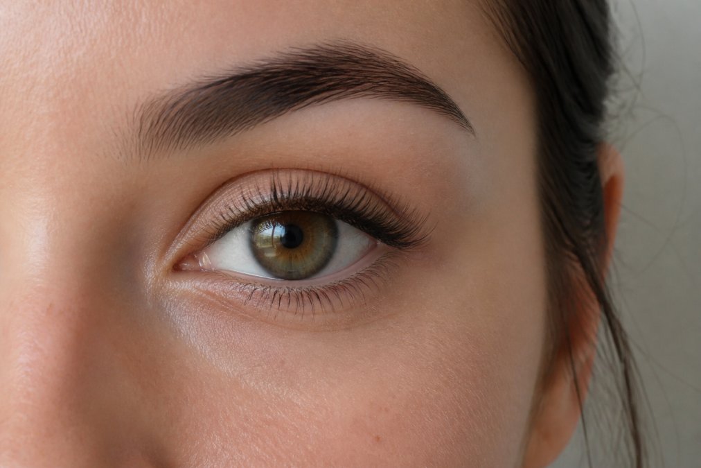 Close-up of woman's eye with naturally blended long lasting press on lashes applied under the lash line, showing seamless integration with natural lashes in soft natural lighting