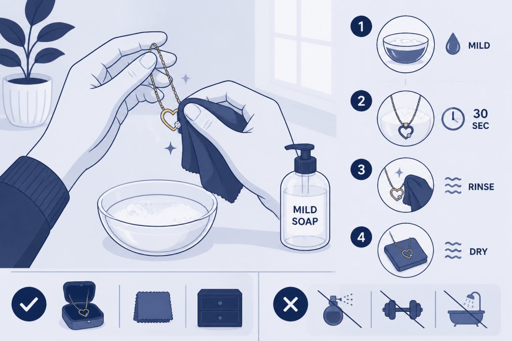 Hands gently cleaning a gold necklace with a soft microfiber cloth and mild soap solution in a well-lit home setting, showing proper jewelry care technique