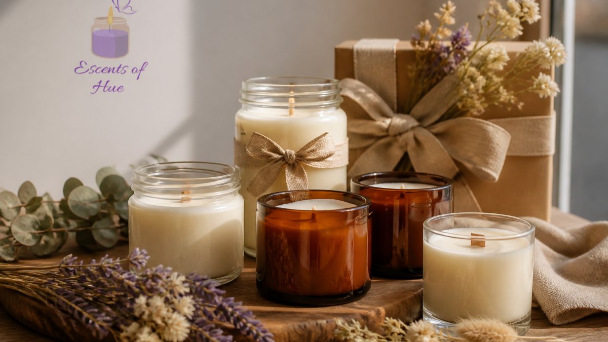 Artfully arranged collection of soy candles in glass jars and tumblers with warm amber and clear glass, tied with natural linen ribbon, displayed on a wooden surface with fresh eucalyptus and dried flowers, soft golden hour lighting