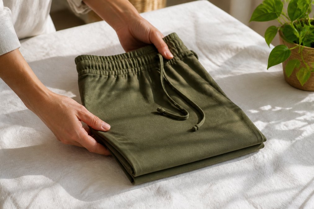 Close-up of hands folding a soft olive-green bamboo cotton pant on a bright white linen surface, natural window light casting soft shadows
