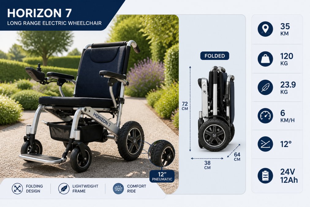 The Horizon 7 folding electric wheelchair positioned on a gravel garden path, its 12-inch pneumatic rear wheels and silver aluminium compact frame visible in afternoon sunlight, with a folded position shown beside it