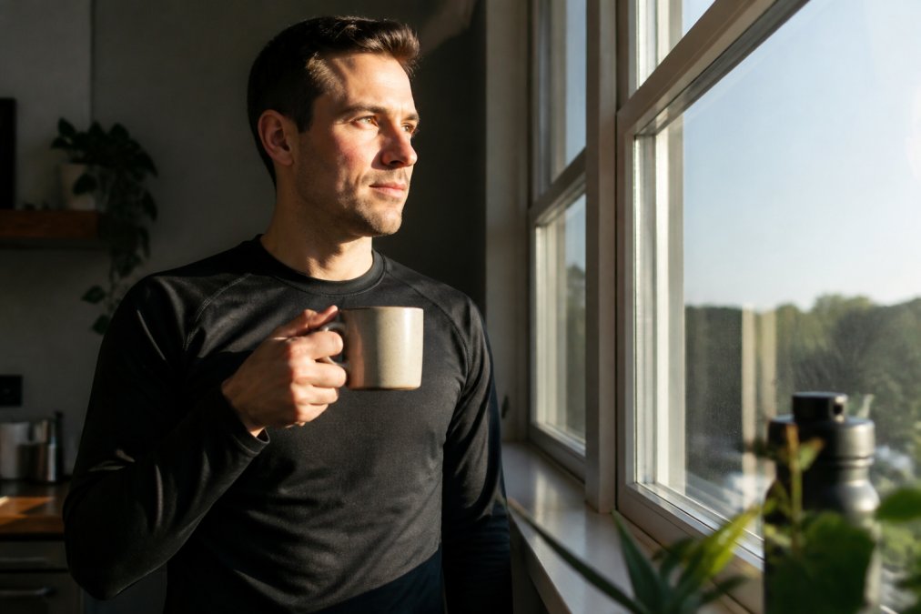 Athlete holding a fresh cup of specialty coffee before a long run, morning light streaming through a window, focused expression