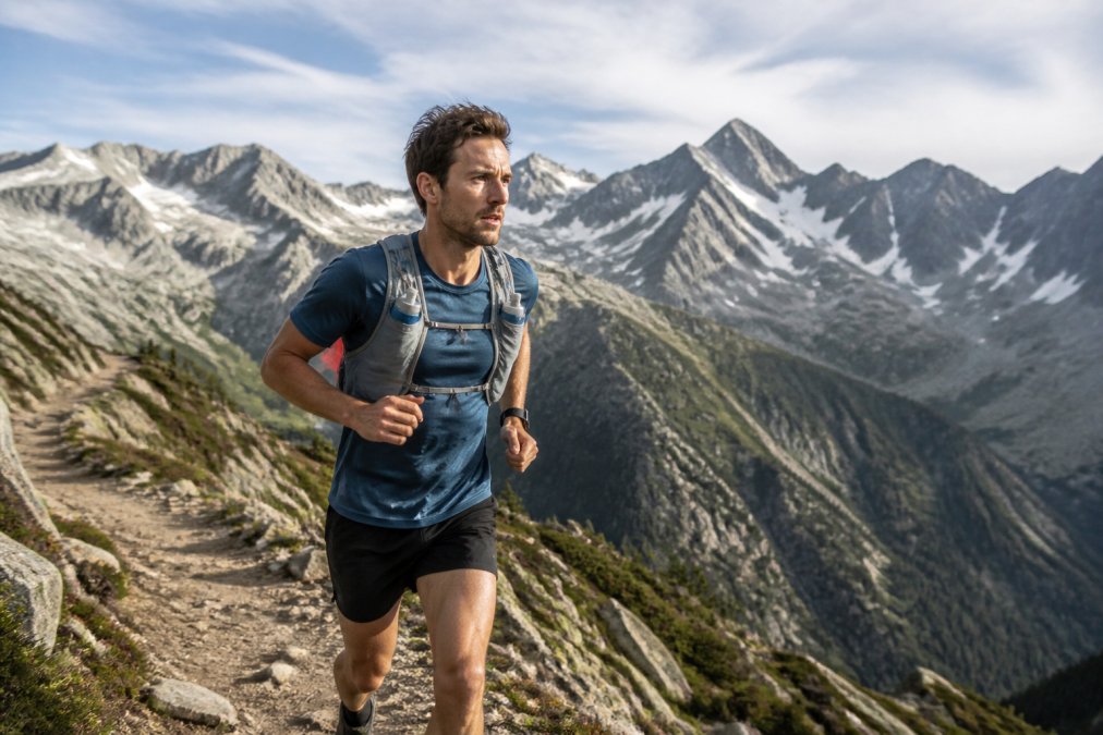 Runner mid-stride on a trail with hydration pack, suggesting sustained energy and performance during endurance training