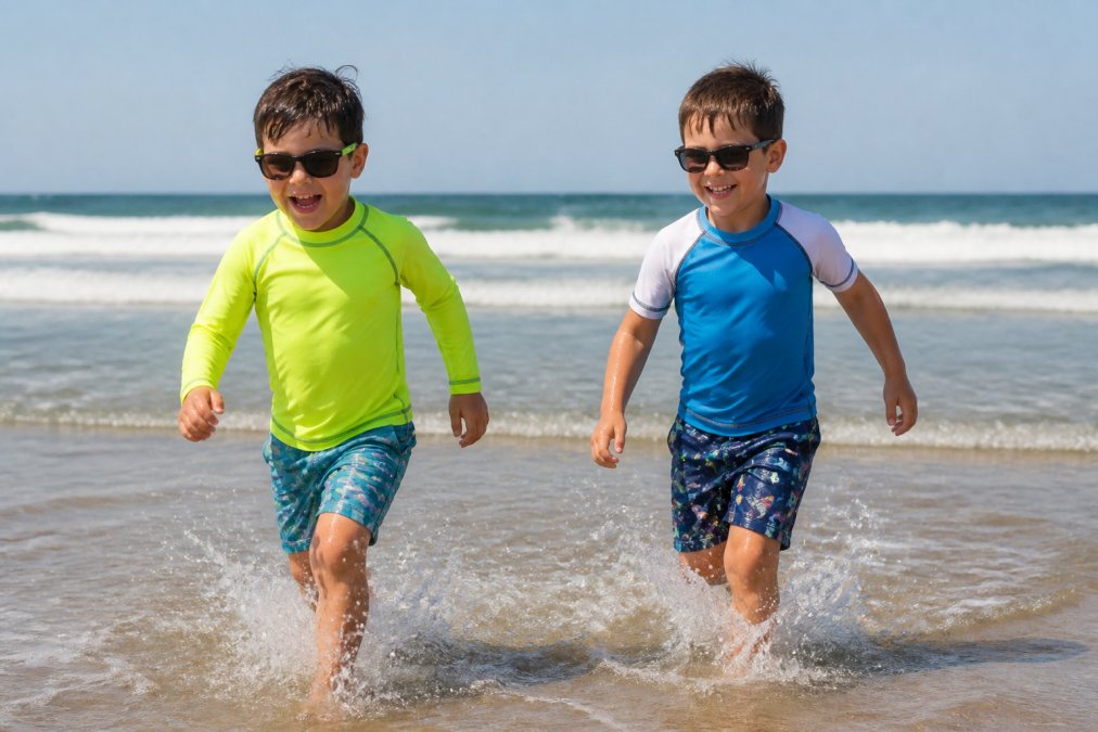 Two children at the beach, one wearing a bright long-sleeve rash guard, one in a short-sleeve swim shirt, demonstrating different coverage options during active water play with waves in the background