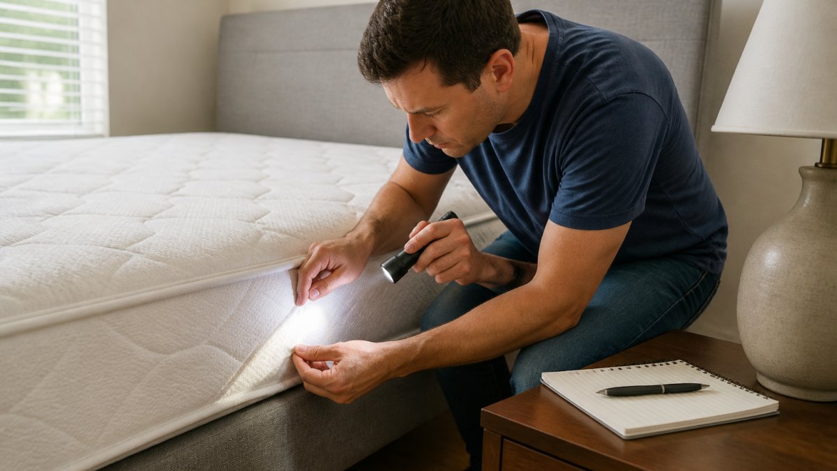 A homeowner in casual clothes using a flashlight to inspect the seams of a mattress in a bright bedroom, with a notepad and pen on the nightstand nearby