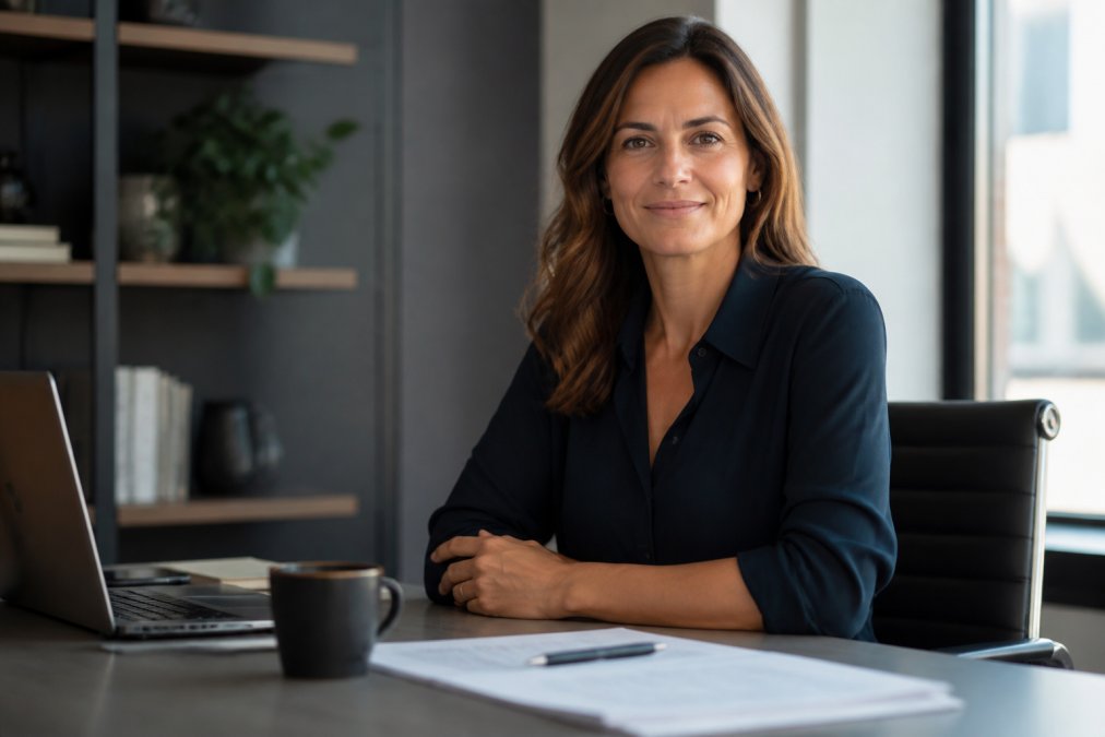 Professional woman in her 40s with confident expression working at desk with natural window lighting, relaxed posture