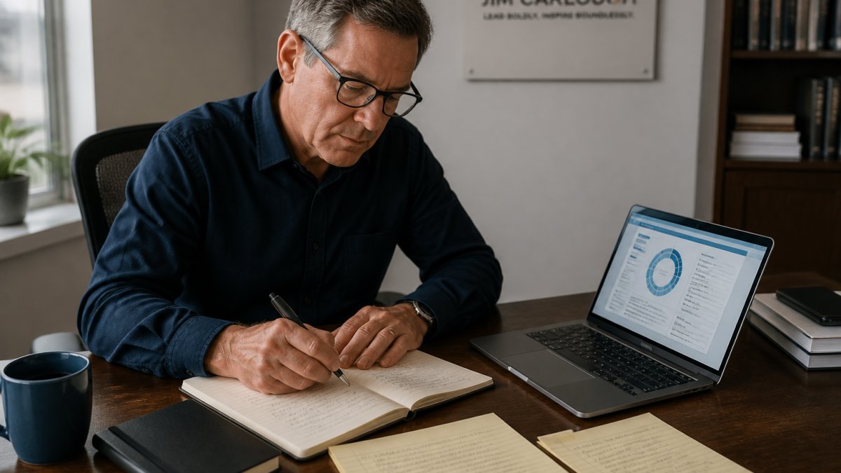 Executive reviewing a leadership journal and 360-degree feedback report to refine their executive identity.