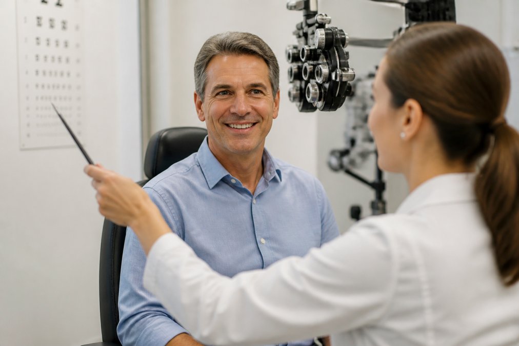 A middle-aged patient smiling during a follow-up eye exam with an optometrist in a bright, modern clinic, looking at a vision chart