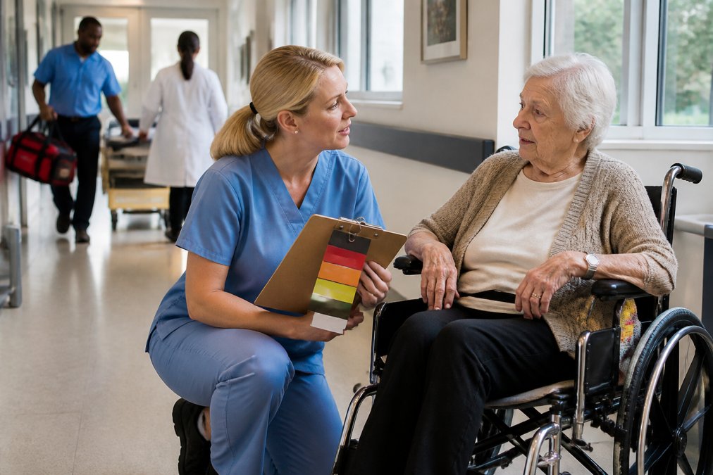 Nurse using a triage tag on a resident during an emergency evacuation in a long-term care facility hallway.