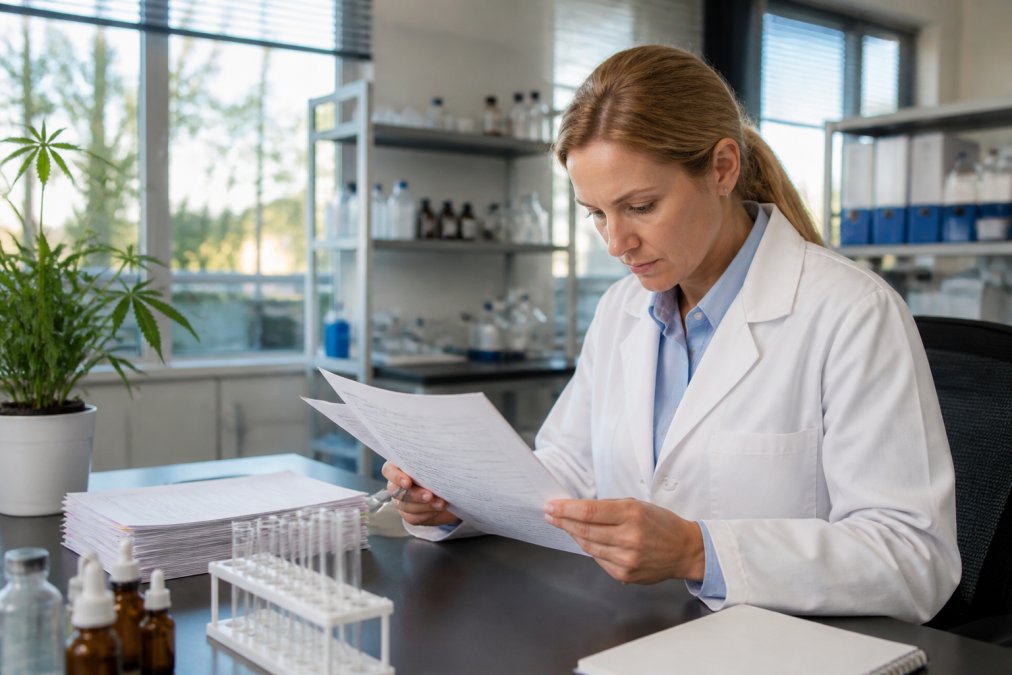 A researcher in a lab coat reviewing clinical trial documents beside a computer screen showing data tables, in a bright medical research office with natural window light