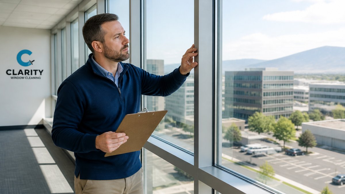 A facilities manager in business casual attire inspecting a large commercial window frame with a clipboard, checking seals and weatherstripping in a bright office corridor