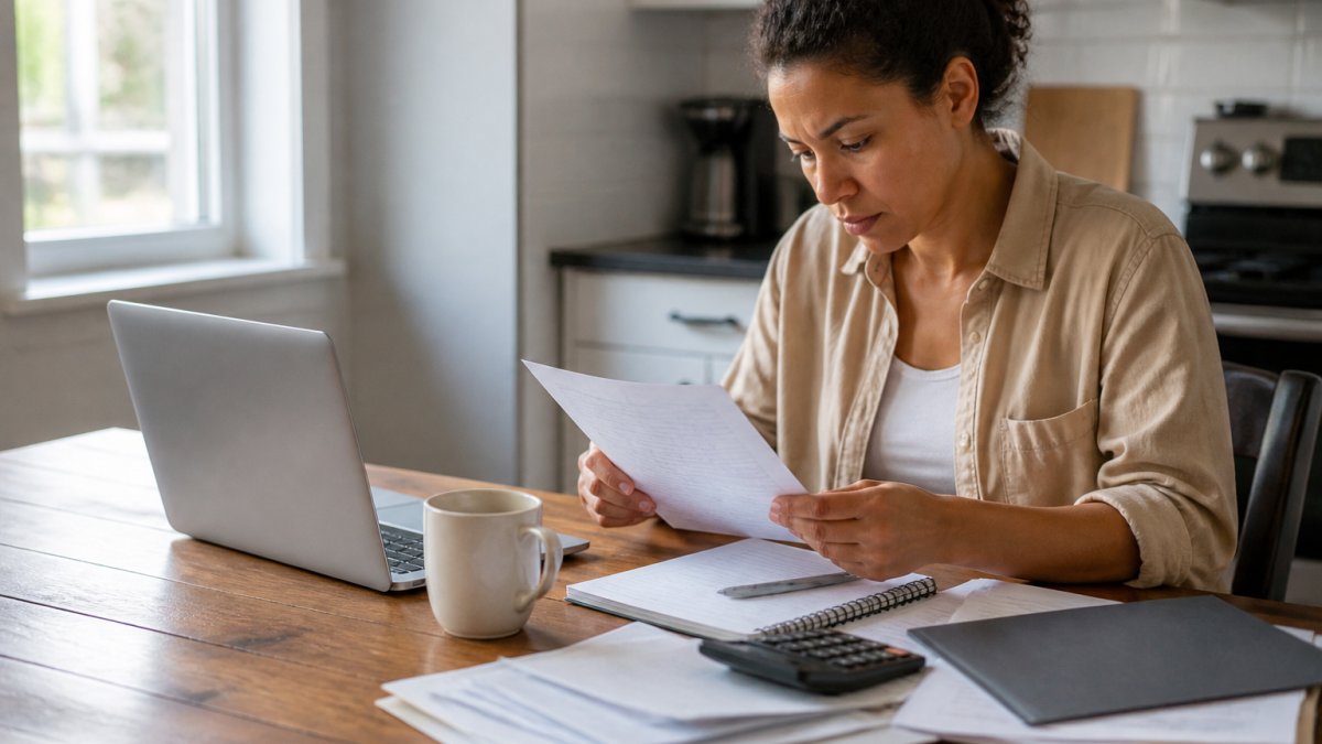 A person reviewing credit reports and financial documents at a kitchen table with a laptop, notebook, and coffee, natural window light