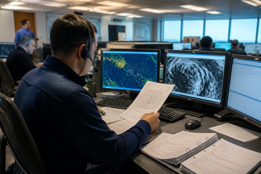 A flight dispatcher seated at a multi-monitor workstation in a modern airline operations control center, reviewing a printed flight plan and weather radar on screen, cool overhead lighting, colleagues visible in the background