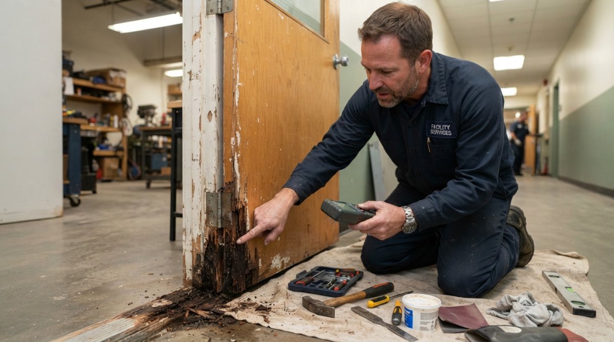 Professional maintenance worker inspecting wooden door frame with visible rot, pointing to damaged areas with a moisture meter in bright facility lighting