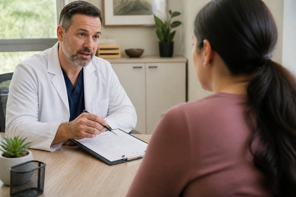 Board-certified physician in white coat consulting with patient in modern clinical office, reviewing medical records and discussing personalized weight loss treatment plan with natural office lighting