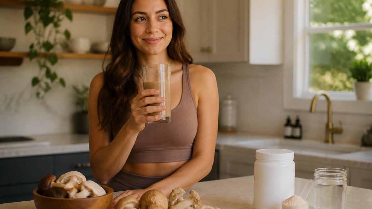 Person holding a glass of mushroom supplement drink in a bright kitchen, with fresh mushrooms and electrolyte powder visible on the counter nearby