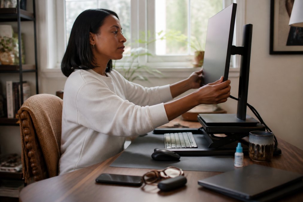 A person at a home desk adjusting their monitor height and distance, with a window providing natural light and a bottle of artificial tears nearby
