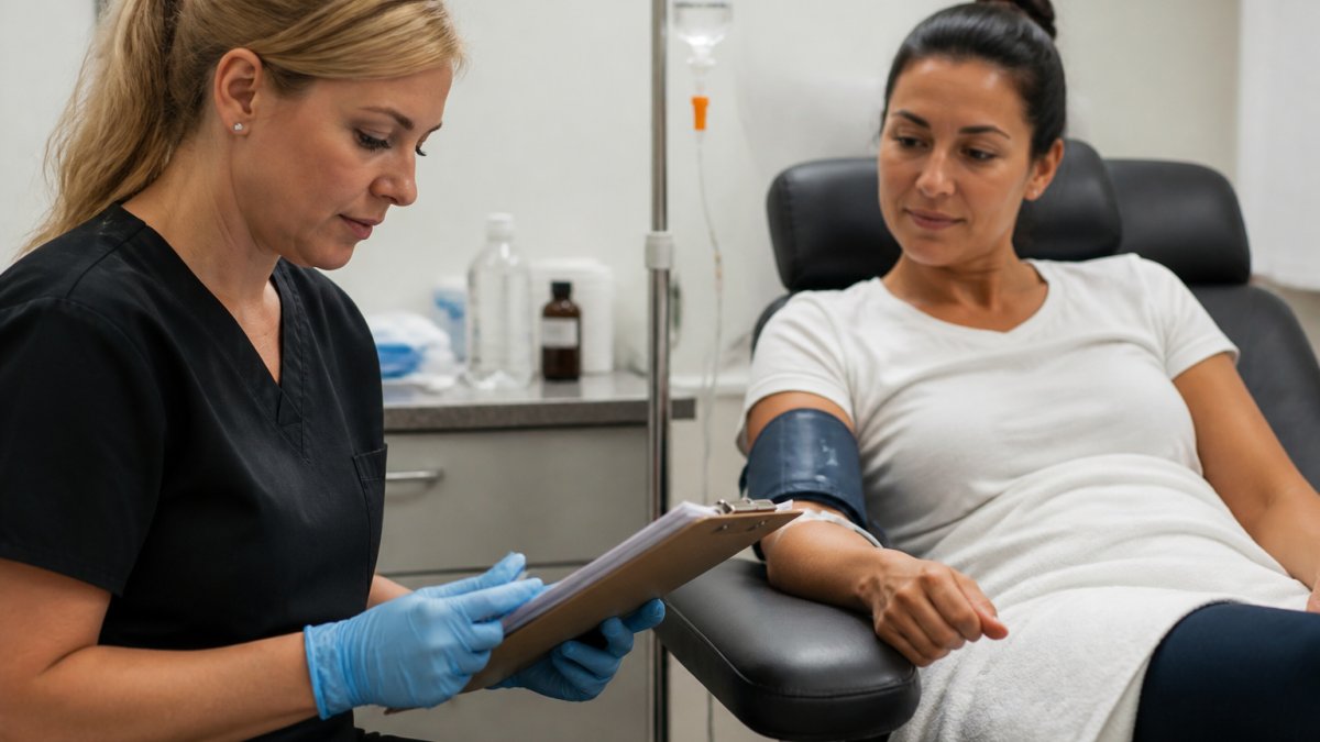 Healthcare professional reviewing lab results during high-dose vitamin C injections safety monitoring