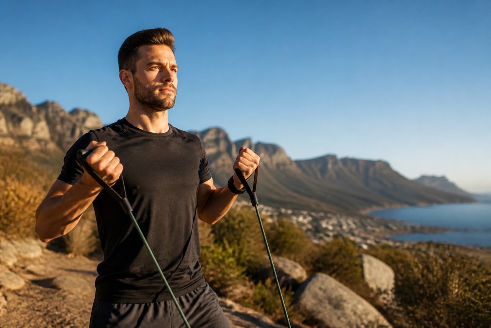 Active adult exercising outdoors in early morning sunlight, performing resistance movements with natural landscape background, showing vitality and sustained energy