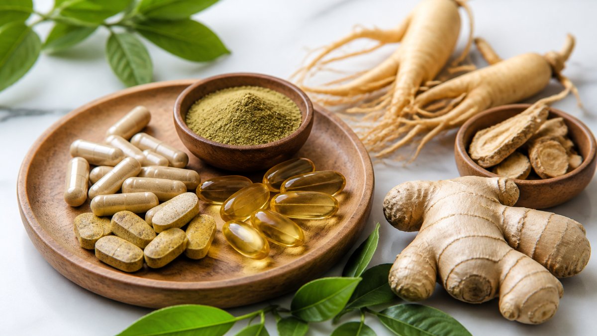 Close-up of various natural energy supplement capsules, powders, and tablets arranged on a bright white surface with fresh ingredients like ginger root, ginseng, and green tea leaves nearby