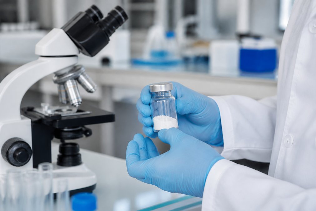 Scientist holding a vial of powder for NMN supplementation in a lab