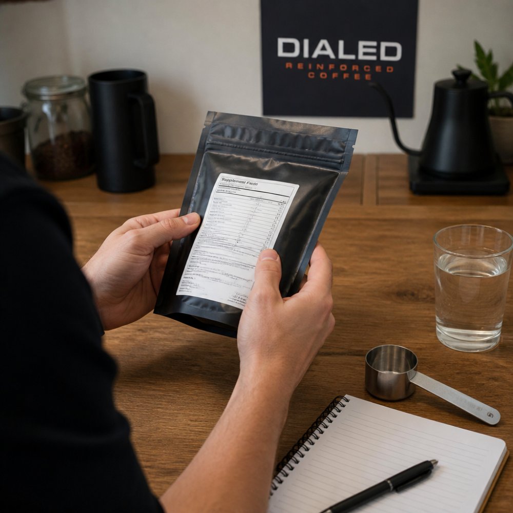 Person reading a supplement label at a kitchen counter to evaluate the long term effects of nootropics