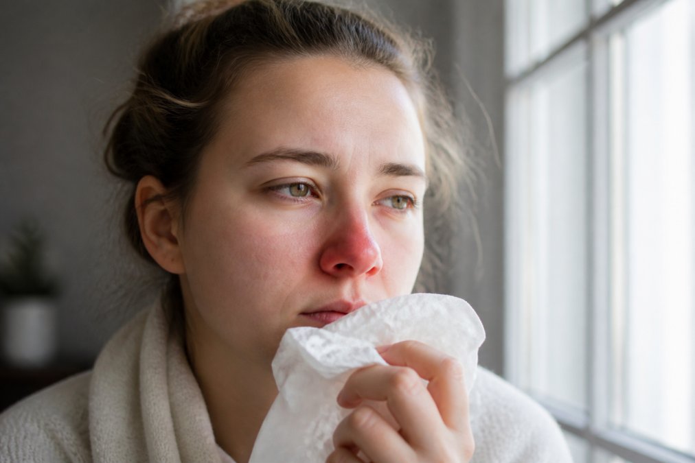 Close-up of a person's face showing mild nasal irritation with a tissue nearby, natural daylight streaming through a window, with a concerned but calm expression