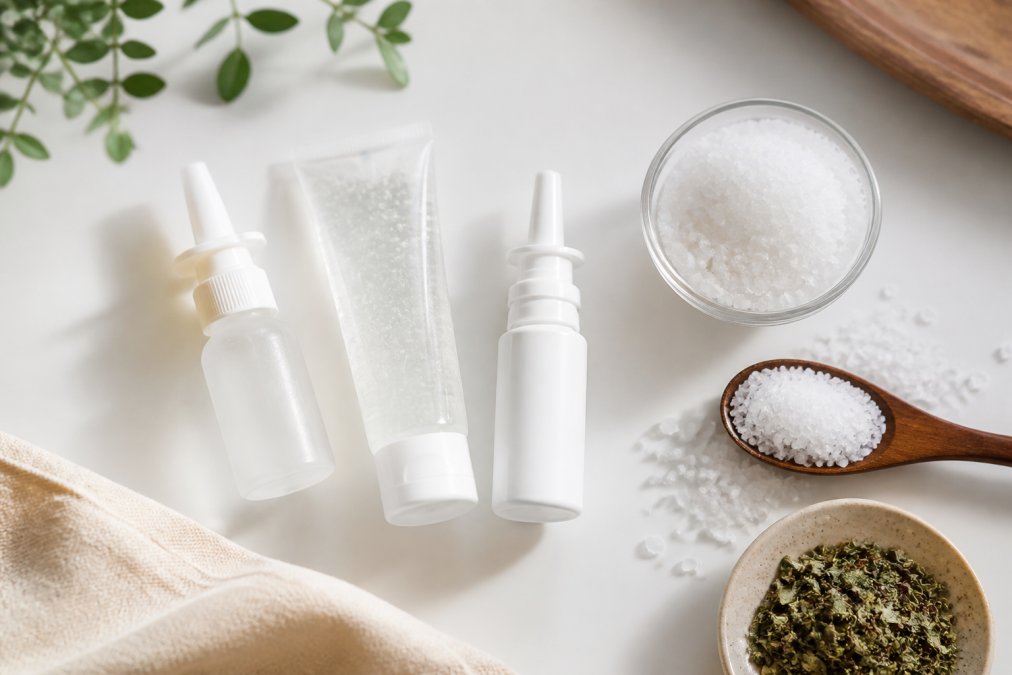 Flat lay of nasal care products including clear gel tube, spray bottle, and natural ingredients like xylitol crystals arranged on a clean white surface with soft natural lighting