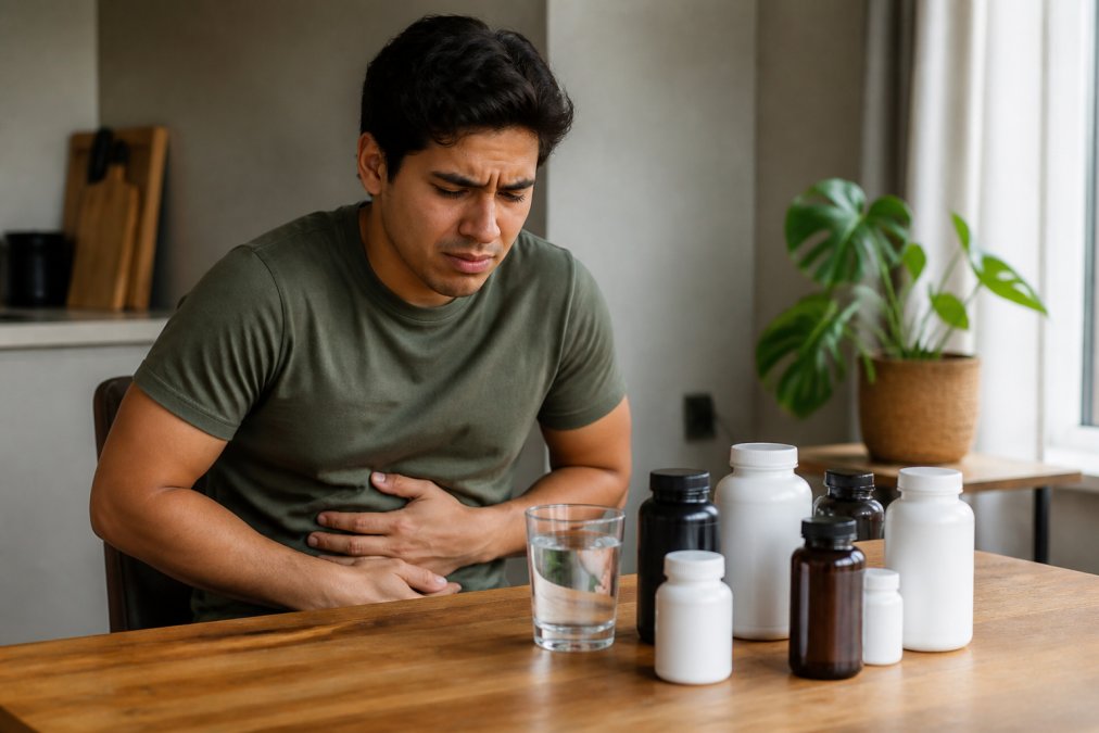 Person holding their stomach in visible discomfort while sitting at a table with multiple supplement bottles and a glass of water nearby, natural morning lighting