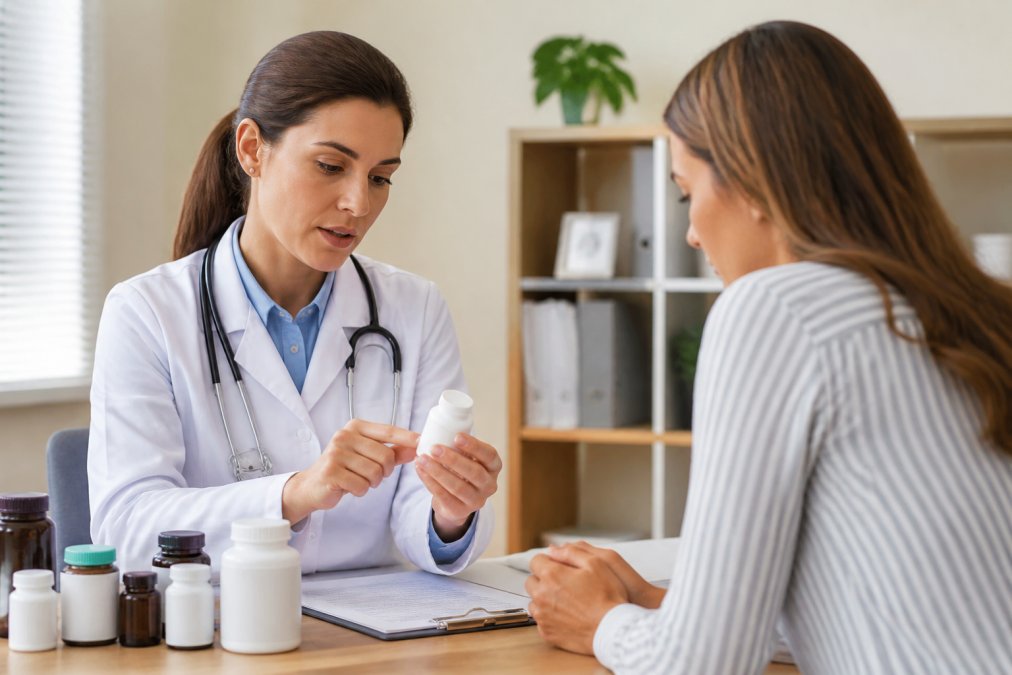 Healthcare provider in white coat reviewing supplement bottles and medical records with patient in clinical office setting, professional lighting