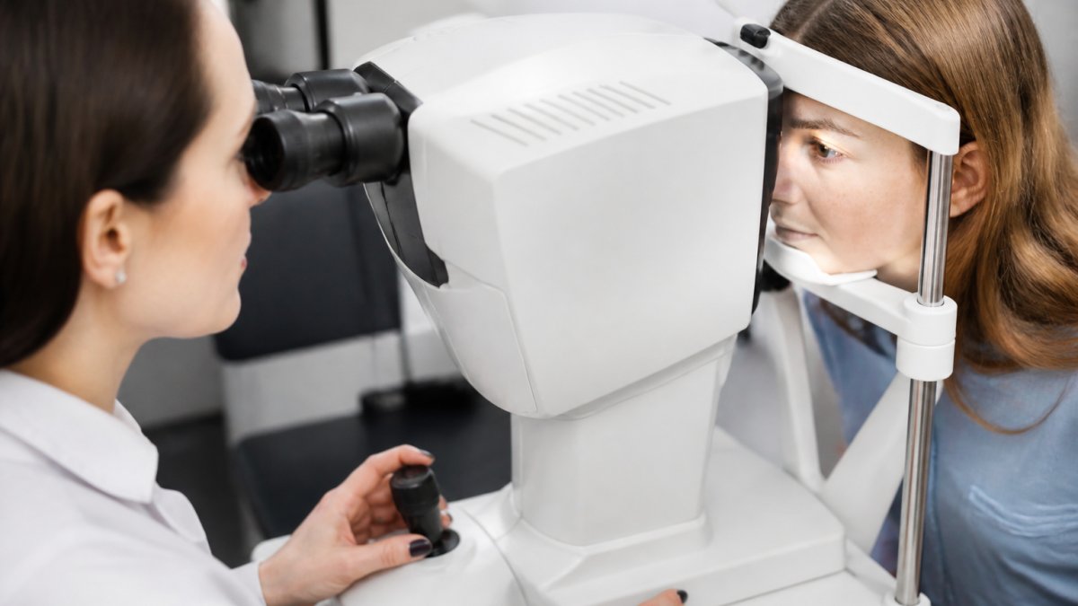 Close-up of an eye care professional using advanced meibography equipment to assess meibomian gland structure during a comprehensive eye examination in a modern optometry clinic