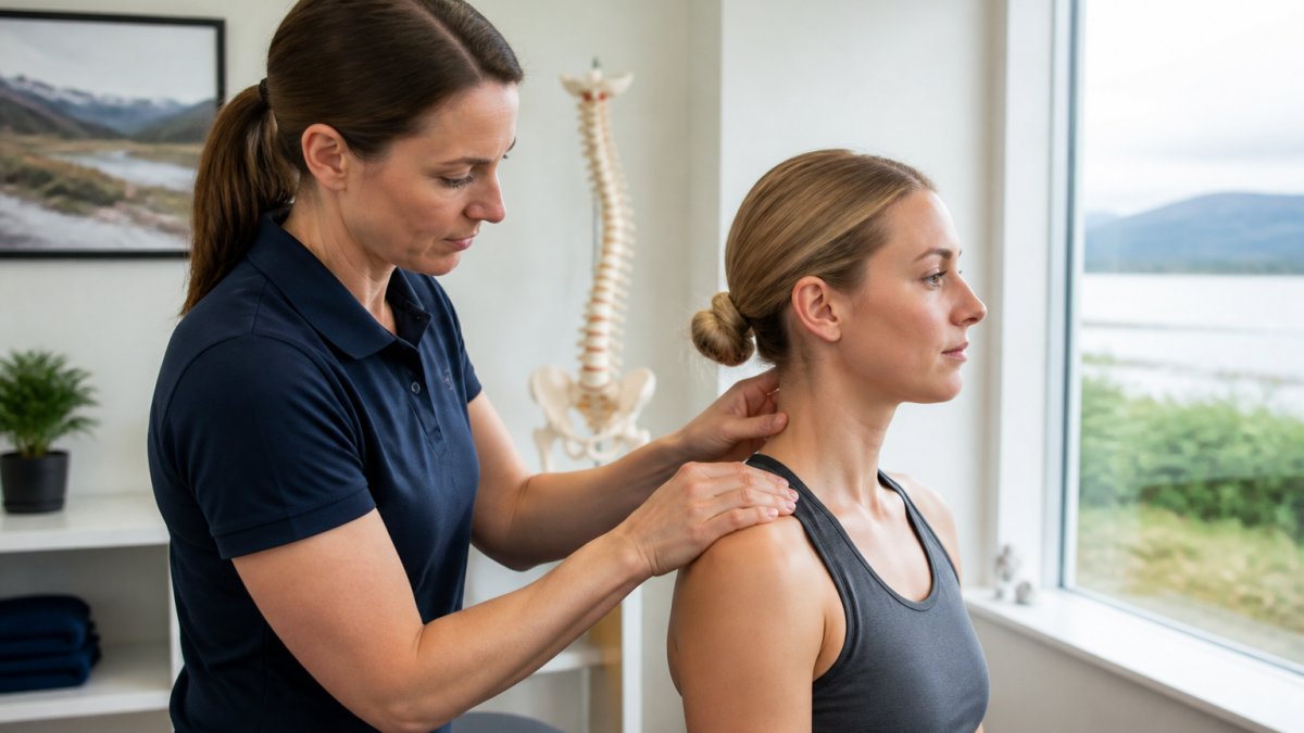 A physiotherapist gently examining a patient's neck and shoulders in a bright, modern Scottish clinic room, with a model of the cervical spine on the desk nearby