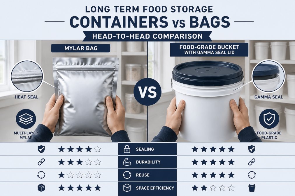 Close-up of hands holding a sealed Mylar bag next to a food-grade bucket with Gamma Seal lid, showing different sealing mechanisms and materials side by side in a pantry setting with natural window light