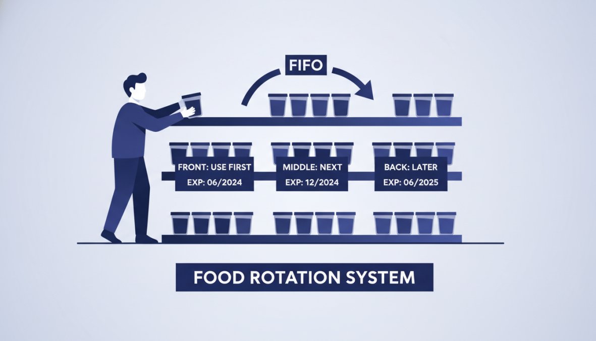 Parent organizing labeled food containers on pantry shelves with dates visible, showing proper FIFO rotation setup in a home kitchen with natural lighting