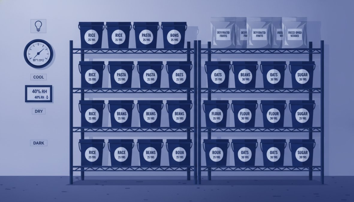 Organized basement food storage with labeled 5-gallon buckets, sealed Mylar bags on shelving, temperature gauge on wall, and dim lighting