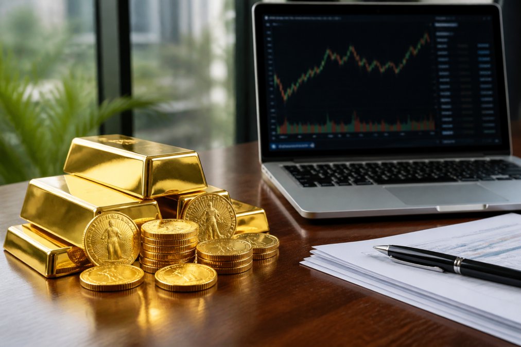 Close-up of physical gold coins and bullion bars arranged on a polished wooden desk with a laptop displaying a brokerage account and gold price charts in the background, natural window lighting