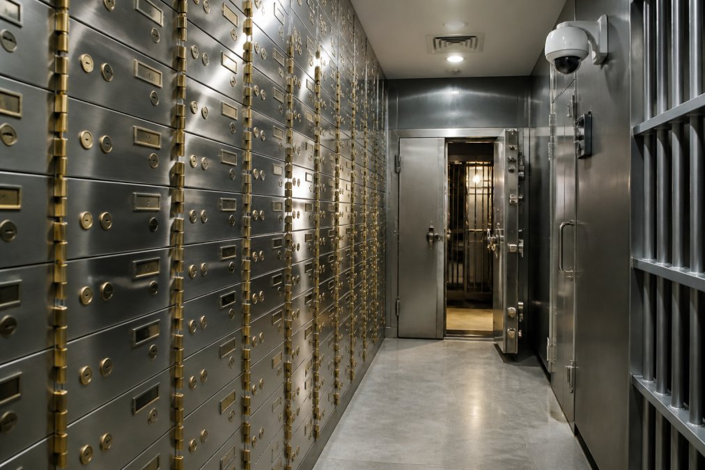 Interior of a secure vault facility with organized rows of safe deposit boxes, stainless steel security doors, and professional security equipment visible, professional lighting highlighting the security infrastructure
