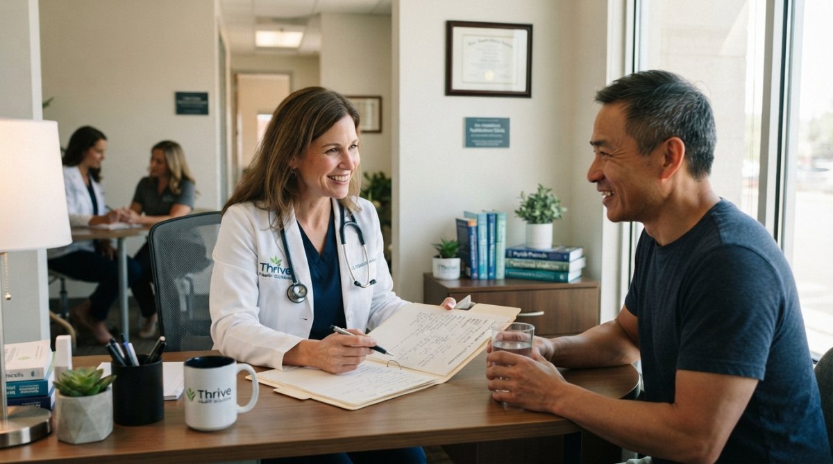 Healthcare professional administering a subcutaneous peptide injection to a patient's arm in a clinical wellness setting with sterile equipment and professional lighting