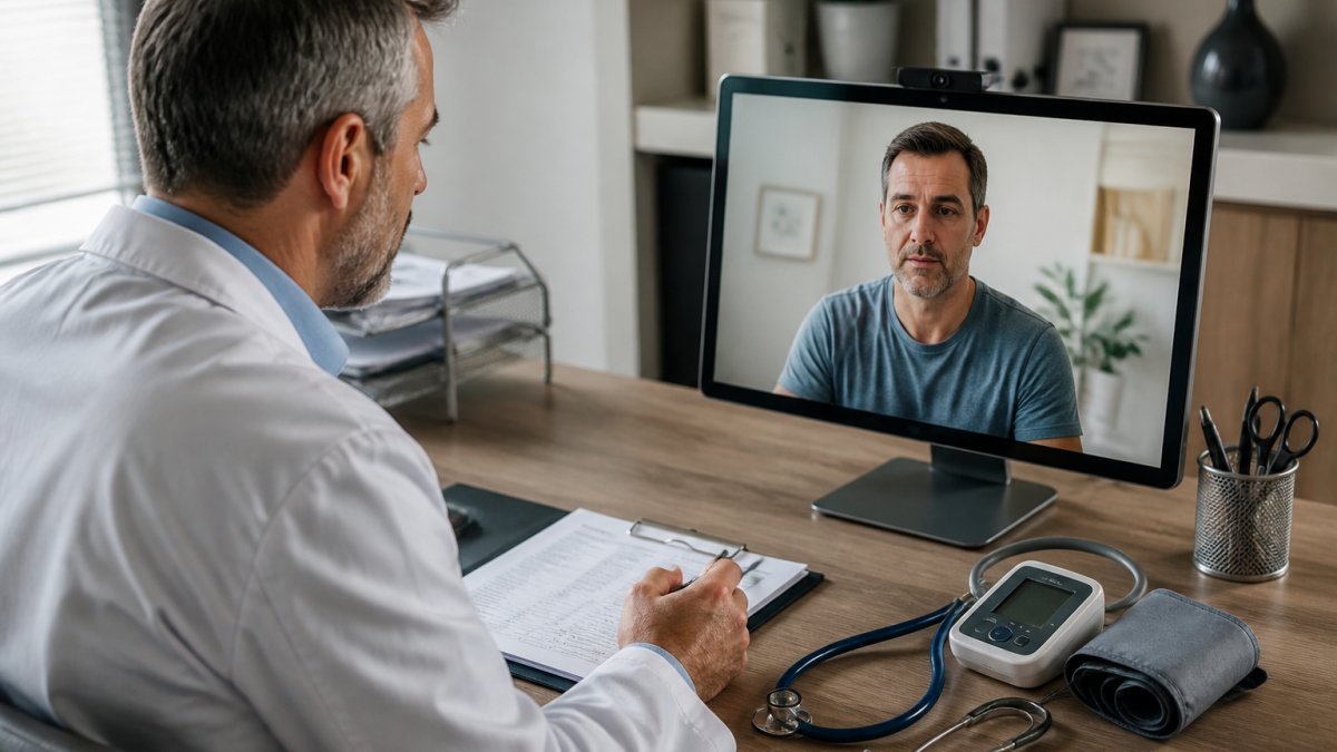 Healthcare provider reviewing lab results and blood pressure readings with patient during telehealth consultation on computer screen in modern clinic