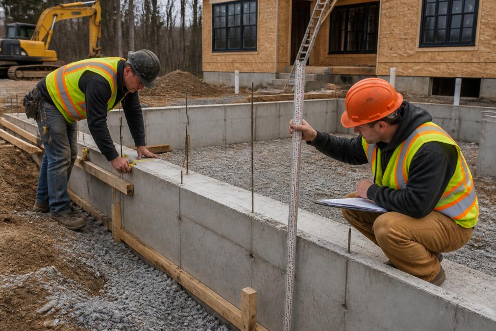 Construction crew inspecting foundation work with measuring tools and safety equipment on an active residential build site
