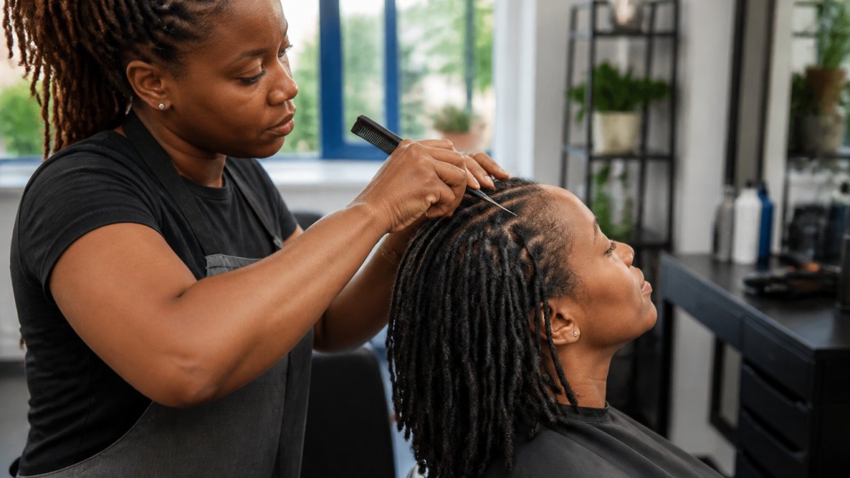 A professional loctician in a bright salon retwisting a client's locs with a comb, the client relaxed in a salon chair, healthy shoulder-length locs visible