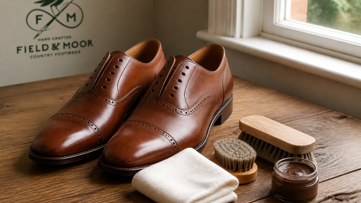 A pair of brown leather dress shoes on a wooden surface with laces removed, a horsehair brush, a soft cotton cloth and an open jar of cream polish arranged beside them, natural window light