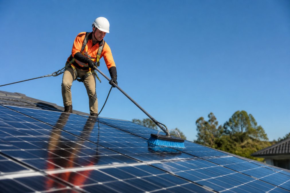 Professional technician in safety harness and high-visibility gear carefully cleaning solar panels on a residential rooftop using soft-bristled brush and deionised water, with clear blue sky in background