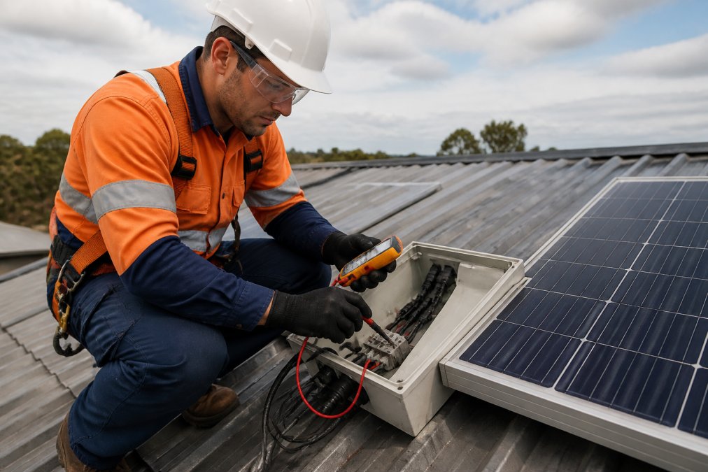 Qualified electrician in safety gear conducting electrical testing on solar system components with multimeter, checking voltage and connection integrity on rooftop installation
