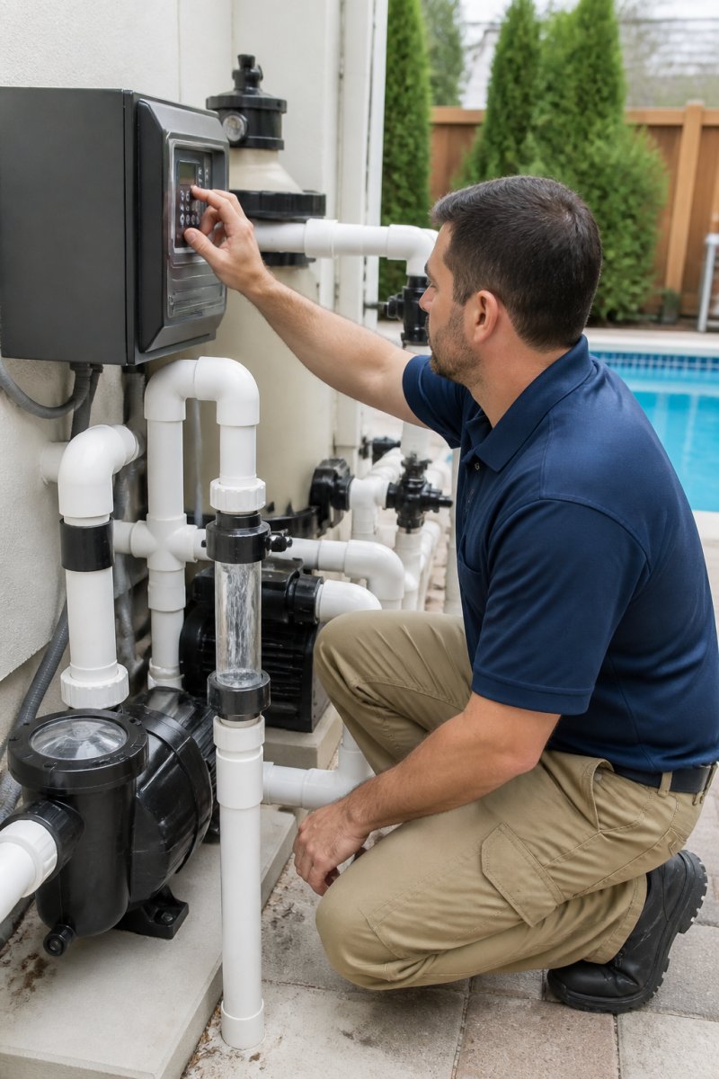 Professional technician adjusting variable-speed pump controls with digital display while monitoring water flow through clear vinyl tubing in residential pool equipment area