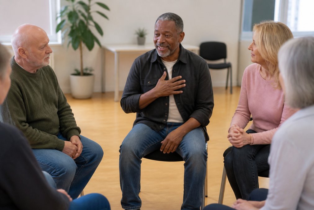 A small group of adults sitting in a circle in a bright community room, talking and listening supportively, with one person gently smiling while sharing
