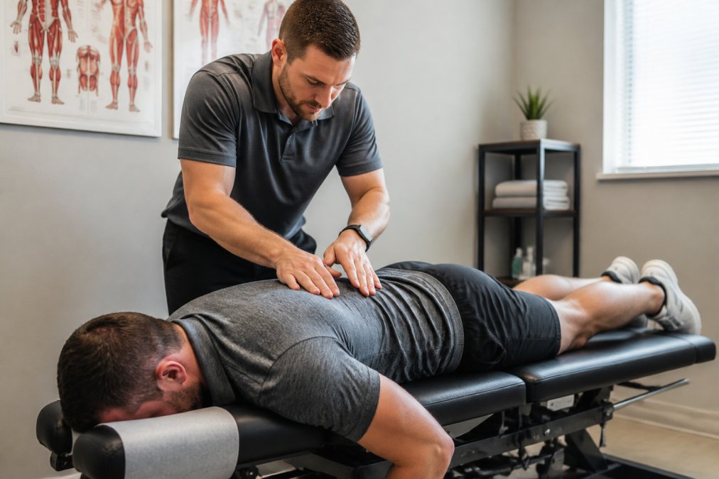 A chiropractor performing a gentle spinal adjustment on a patient lying face down on a treatment table in a bright, welcoming clinic room with anatomical charts on the wall