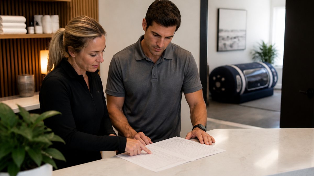 Clinic managers reviewing revenue spreadsheets near a soft-sided hyperbaric chamber to calculate hyperbaric chamber ROI